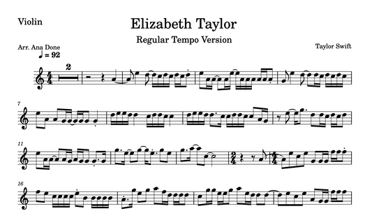 Elizabeth Taylor (Regular Tempo Violin Sheet Music) HIGHER OCTAVE